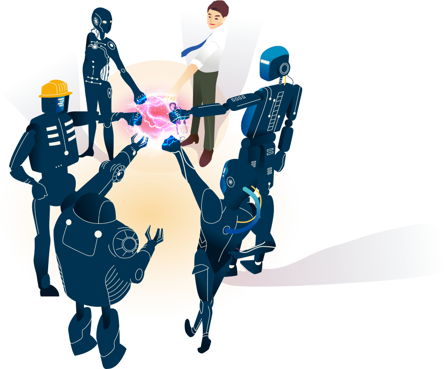 人類與五個機器人圍成一圈，伸手向前聚集眾人的力量，象徵人工智慧是企業的絕佳夥伴